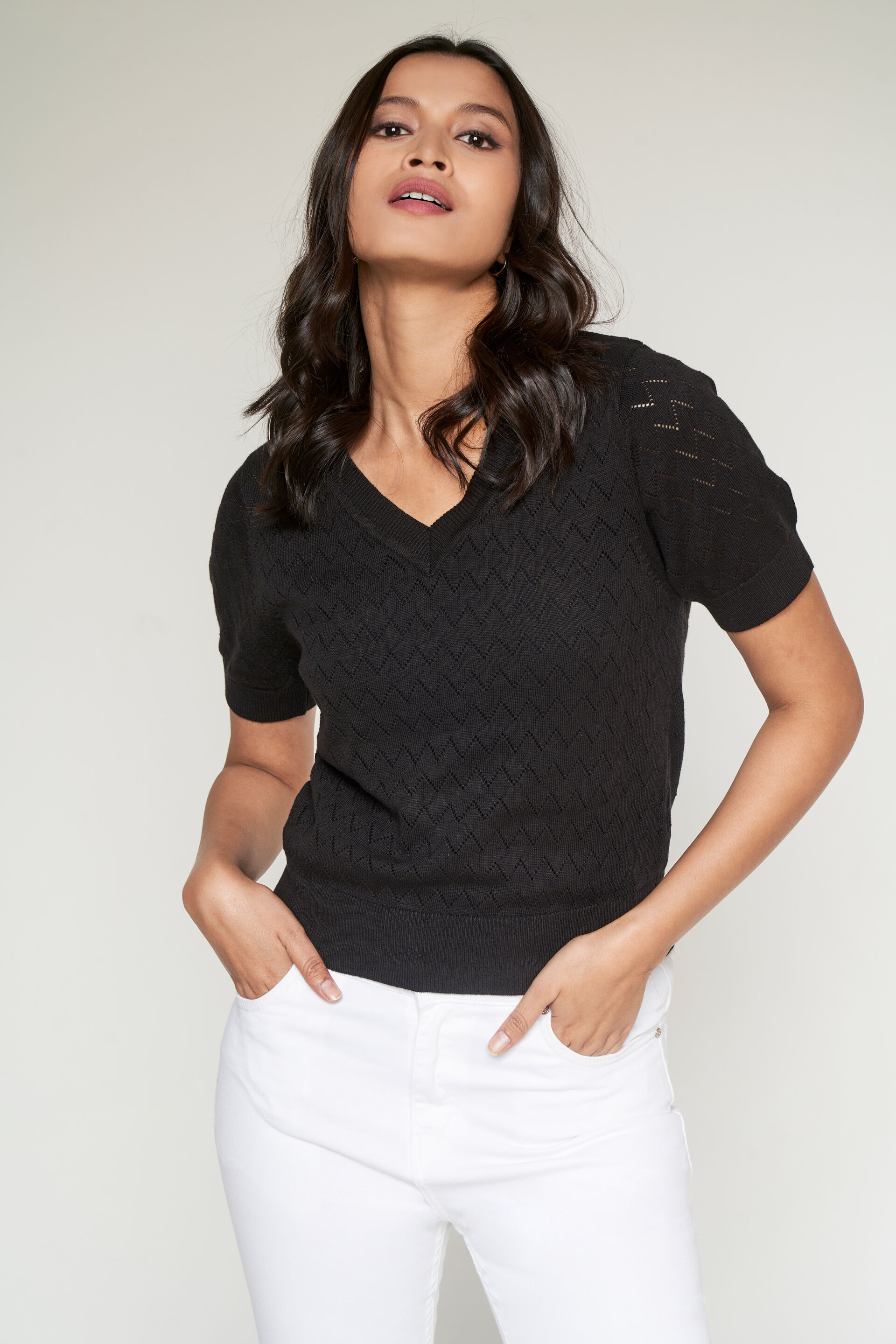 Black Self Design Straight Top, Black, image 2